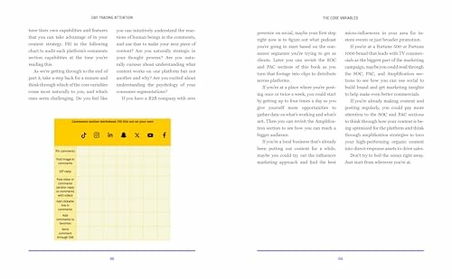 Two-page spread discussing marketing features and strategies with a table on the left page.